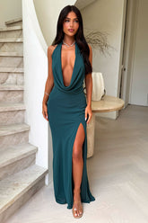 Amedeo Plunge Halter Neck Maxi Dress - Emerald